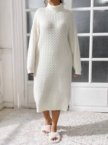 SHEIN Essnce White Plus Size Ladies Smart Casual Everyday Fall/Winter Loose Knitted Super Thick Dress,Long Women Sweater Dresses Costume Clothes Curve - Beige - View 1