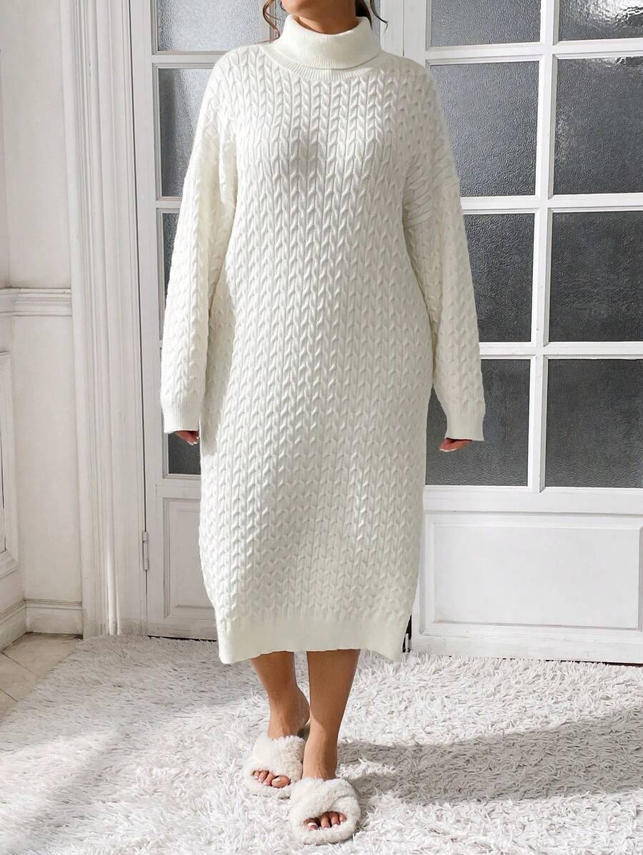 SHEIN Essnce White Plus Size Ladies Smart Casual Everyday Fall/Winter Loose Knitted Super Thick Dress,Long Women Sweater Dresses Costume Clothes Curve - Beige - View 1