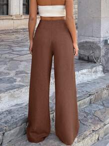 EURMUSE Women Linen Beige Wide Leg Pants - Coffee Brown - View 2