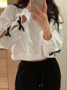 DAZY Women's Solid Color Crew Neck Short Hollow Out Bowknot Decor Sweatshirt,Fall Clothes