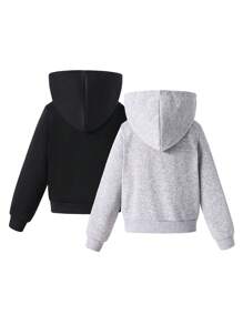 2pcs/Set Tween Girls All-Match Hooded Cropped Zip-Up Sweatshirt Set, Grey And Black - Multicolor - View 2