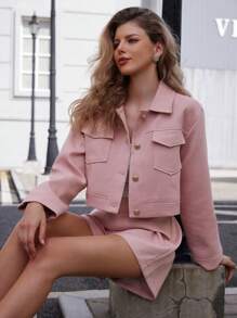 EMERY ROSE Conjunto de 2 piezas de vestir de mujer para otoño con camisa de botones dorados y chaqueta a juego de manga larga con textura y pantalones cortos - Rosa - Ver 5