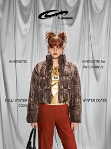 SHEIN Velvet Crop Jacket For Teen Girls, Fashionable Short Coat With Collar, Suitable For Party Or Daily Wear, Can Be Paired With Shoulder Bag, Backpack, Crossbody Bag, Baseball Cap, Beret, Boots, Sneakers, Sunglasses, Earphones - Coffee Brown - View 1