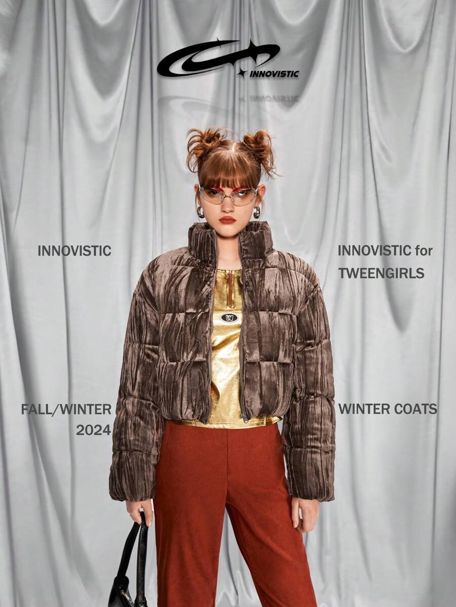 SHEIN Velvet Crop Jacket For Teen Girls, Fashionable Short Coat With Collar, Suitable For Party Or Daily Wear, Can Be Paired With Shoulder Bag, Backpack, Crossbody Bag, Baseball Cap, Beret, Boots, Sneakers, Sunglasses, Earphones - Coffee Brown - View 1