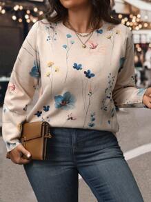 SHEIN LUNE Suéter holgado de cuello redondo con estampado de flores para mujer de talla grande, para invierno
