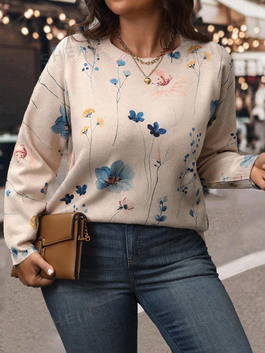 SHEIN LUNE Suéter holgado de cuello redondo con estampado de flores para mujer de talla grande, para invierno