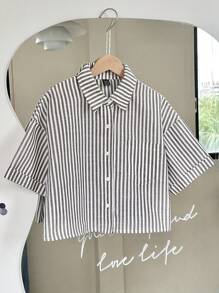 SHEIN Unity 女士休闲条纹卷袖宽松短款衬衫女士衬衫 - 棕色 - 查看 1