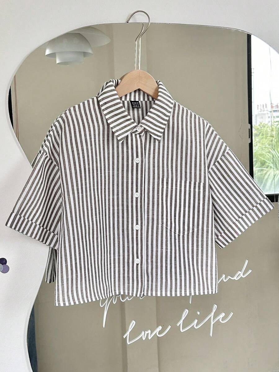 SHEIN Unity 女士休闲条纹卷袖宽松短款衬衫女士衬衫 - 棕色 - 查看 1