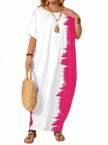 SHEIN LUNE Plus Size Women's Summer Contrast Color Round Neck Batwing Short Sleeve Loose Straight Casual Dress