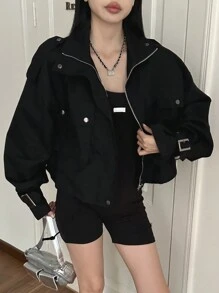 Dazy-Less 翻盖口袋落肩抽绳下摆夹克，复古风格，秋季服装 - 黑色 - 查看 9