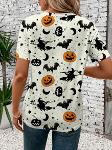 SHEIN LUNE 女式鬼魂与南瓜图案短袖修身 T 恤，适合夏季、万圣节 - 白色 - 查看 2