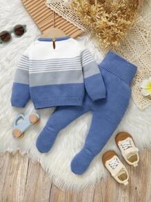 SHEIN 男婴圆领纯色拼接毛衣和裤子休闲装 - 藍色 - 查看 2