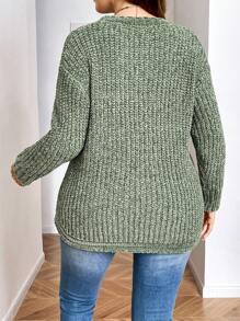 Calvaya 大码女式纯色简约圆领长袖针织套头衫，秋冬款 - 綠色 - 查看 4