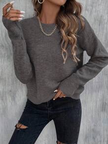 EMERY ROSE Sweater Pullover Lengan Panjang Kerah Bulat Warna Polos, Pakaian Kasual Sehari-hari, Atasan Lengan Panjang, Pullover Rajut Musim Gugur Musim Dingin - Dark Grey - View 5