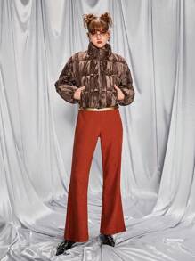 SHEIN Velvet Crop Jacket For Teen Girls, Fashionable Short Coat With Collar, Suitable For Party Or Daily Wear, Can Be Paired With Shoulder Bag, Backpack, Crossbody Bag, Baseball Cap, Beret, Boots, Sneakers, Sunglasses, Earphones - Coffee Brown - View 6