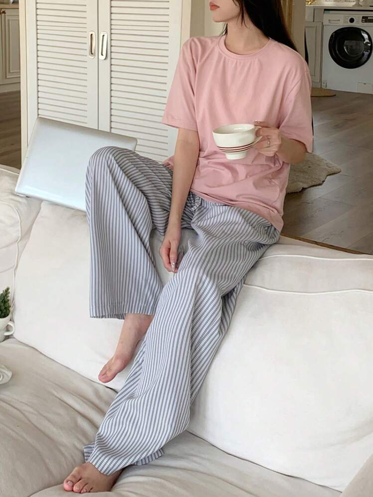 DAZY 2pcs Minimalist Stripe Shirt And Pajama Pants Homewear Set - Multicolor - View 4