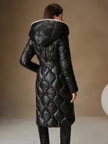 Anewsta 女士宽松葫芦形毛绒拼接长款羽绒服 - 黑色 - 查看 6