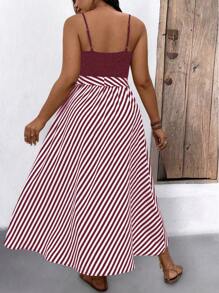 SHEIN LUNE Plus Size Casual Striped Patchwork Spaghetti Strap Dress - Burgundy - View 2