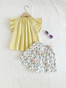 Cozy Pixies 2 件套少女拼色荷叶边衬衫和花卉装饰蝴蝶结短裤套装 - 黃色 - 查看 2