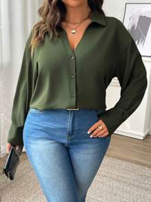 Vionelle 大码女式纯色宽松长袖优雅衬衫，春夏女式衬衫 - 軍綠色 - 查看 7