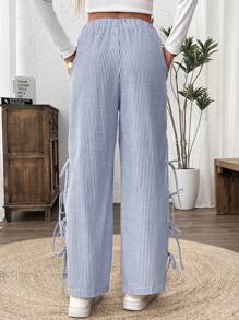 SHEIN LUNE Women's Casual Regular Striped Basic Daily Lace-Up Slit Leg Pants - Blue and White - View 2