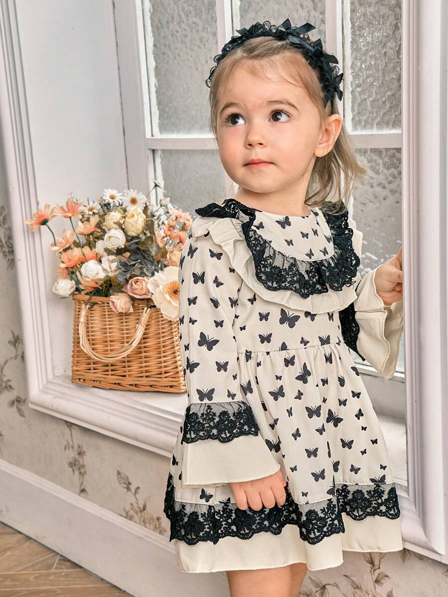 SHEIN Vestido de manga larga con estampado de mariposas, ribete de encaje floral vintage elegante para bebé niña, primavera y otoño - Negro - Ver 1