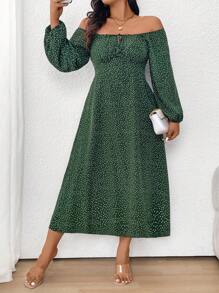 SHEIN Clasi Vestido casual de hombros descubiertos con estampado de lunares, tallas grandes, primavera y otoño