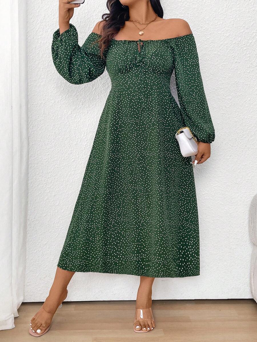 SHEIN Clasi Plus Size Polka Dot Print Off Shoulder Casual Dress, Spring & Autumn Fall Cloth For Women - Green - View 1