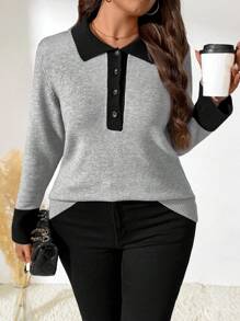 SHEIN 大码长袖时尚修身休闲舒适迷人套头毛衣，适合冬季秋季穿着 - 灰色 - 查看 5