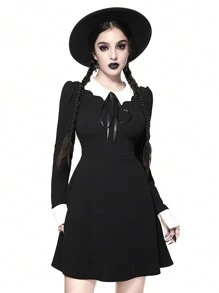 ROMWE Goth 哥特式蝙蝠领蝴蝶结腰喇叭形 A 字弹力女式连衣裙，万圣节