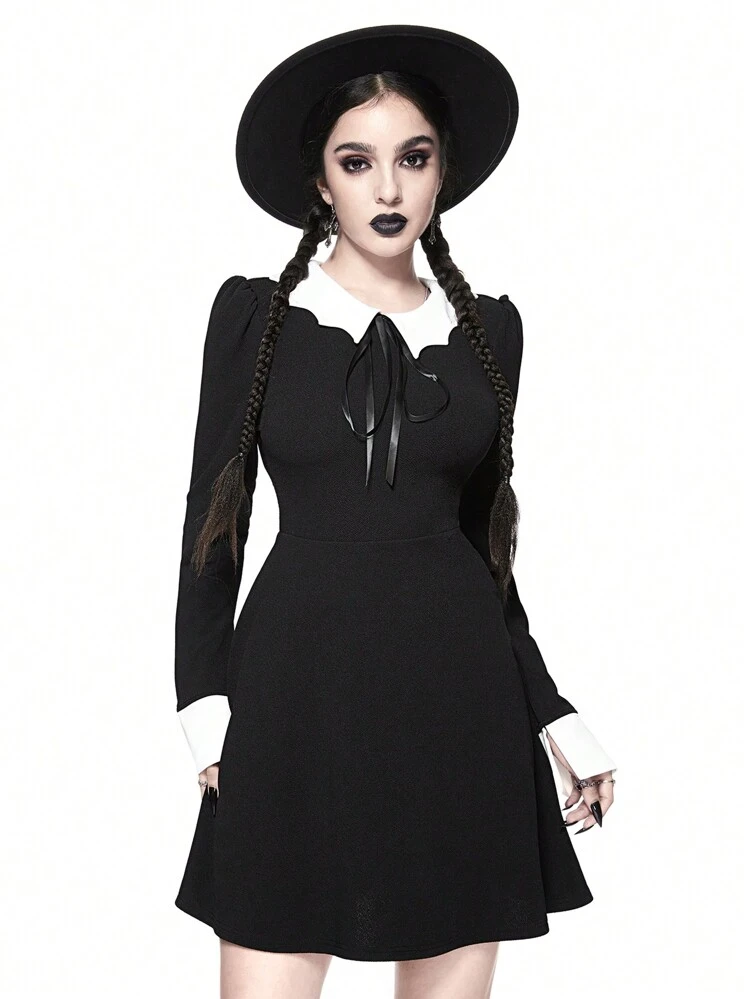 ROMWE Goth 哥特式蝙蝠领蝴蝶结腰喇叭形 A 字弹力女式连衣裙，万圣节 - 黑色 - 查看 4
