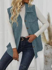 SHEIN LUNE 女式无袖衬衫领前扣口袋休闲夹克 - 霧霾藍 - 查看 6