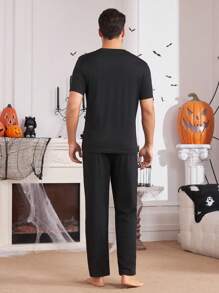 Halloween Ghost Letter Print Men's Pajama Set - Black - View 3