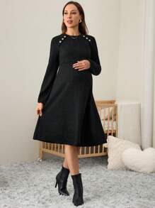 SHEIN Váy bầu tay dài dệt kim màu trơn cho bà bầu, mùa thu/đông - màu đen - Xem 4