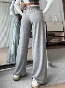 SHEIN EZwear Casual Sports Solid Color Knitted Wide Leg Pants With Contrast Bowknot For Women