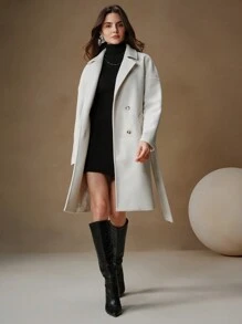 Anewsta Manteau beige ample de longueur mi-mollet avec corset de taille pour femmes