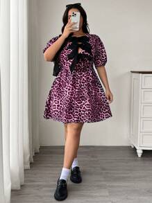 SHEIN EZwear 大码泡泡袖豹纹领结连衣裙 - 粉色 - 查看 3