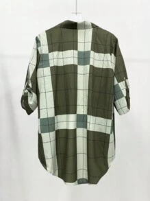 大码格子印花前扣卷袖休闲夹克 - 綠色 - 查看 2