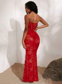 Opulessa Casual Knitted Lace Slim Fit Strapless Mermaid See Through Dress For Women Maxi Women  Bachelorette  Sexy  Dresses Party Sexy - Red - View 9