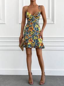 EURMUSE Women's Spaghetti Strap Backless Sleeveless Allover Allover Print Ruched Fitted Dress - Multicolor - View 3