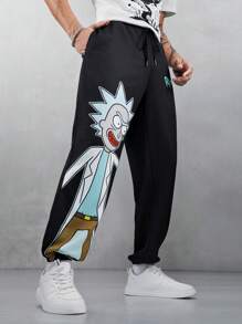 Rick and Morty X SHEIN Pantalones deportivos casuales para hombre con estampado de personaje de dibujos animados y letra, cintura con cordón, bolsillos laterales - Negro - Ver 1