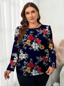 EMERY ROSE Plus Size Women's Elegant Casual Floral Print Loose Fit Long Sleeve Blouse, Suitable For Fall/Winter - Navy Blue - View 4