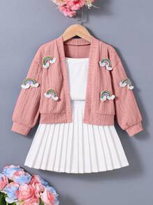 Girls Colorful Rainbow Print Blue Jacket + Pleated Skirt 2pcs Set, Back-To-School