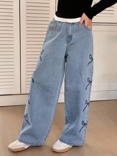 Dazy Kids Tween 女童蝴蝶印花宽腿宽松休闲百搭牛仔裤