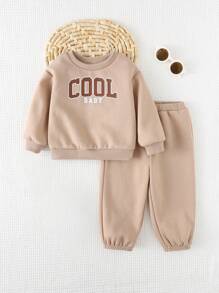 Cozy Pixies 2pcs Baby Boy Letter Pattern Soft Knit Crew Neck Long Sleeve Sweatshirt And Jogger Pants Set - Khaki - View 3