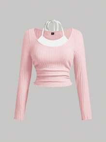 SHEIN MOD Plus Size Spring Dwukolorowa koszulka z wykończeniem sałaty i wiązaniem z tyłu 2 w 1