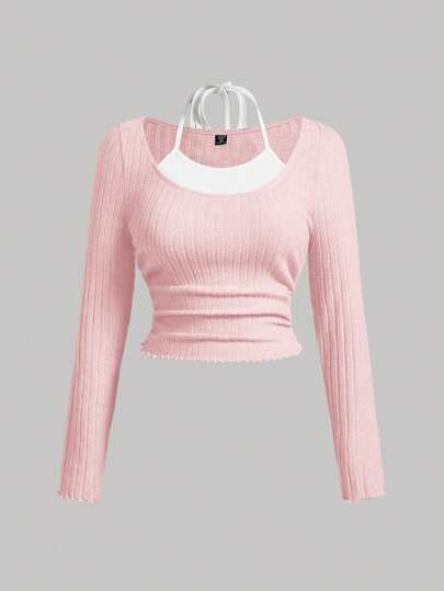 SHEIN MOD 플러스 사이즈 봄 투톤 레터스 트림 타이백 2in1 티셔츠