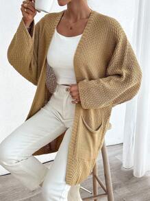 SHEIN Cottnline Women's Solid Color Bat Sleeve Double Pocket Pineapple Flower Cardigan For Autumn/Winter - Khaki - View 3