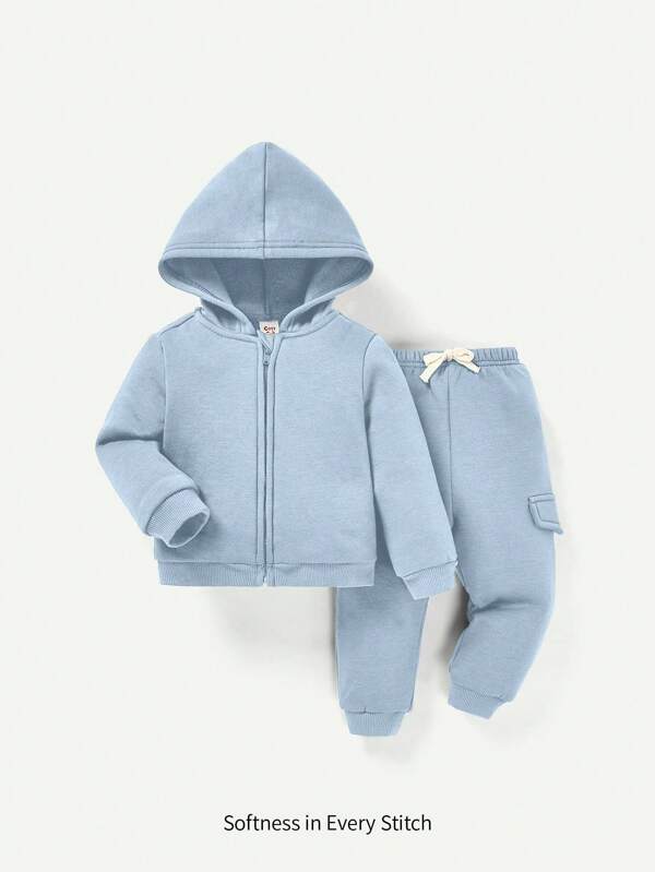 Cozy Pixies 2 stuks effen blauwe babyjongenshoodies met rits, sweatshirt en broek met trekkoord, babyhoodieset, babyjongenstrainingspak