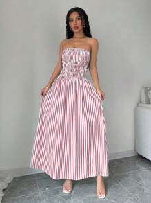 Chiquease Women Vacation Strapless  Striped Shirred Dress - Dusty Pink - View 5